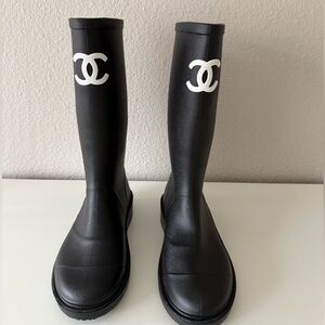 CHANEL Black Knee-High Logo Rain Boots